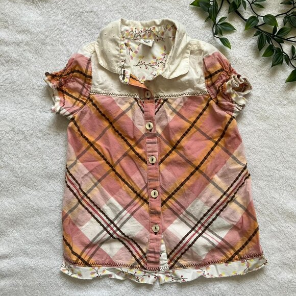 Old Navy Toddler Kid Button Up Shirt 3T | Pink Orange Plaid Floral GUC - Picture 1 of 16
